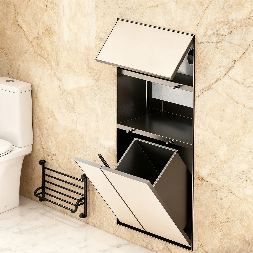 Multi-Functional Hidden Modern Corner Stainless Steel All-in-one Toilet Paper Toilet Brush Holder Trash Can Wall Recessed Niche