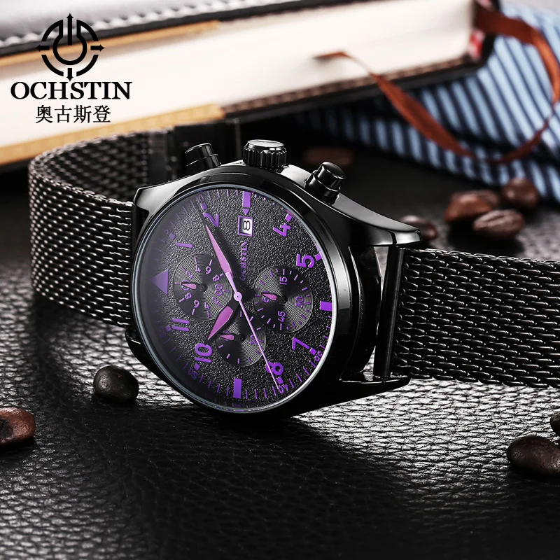 OCHSTIN Men Multifunction Quartz Mineral Hardened Glass Stainless Steel Mesh Strap Wristwatch Man Waterproof Fashion Clock
