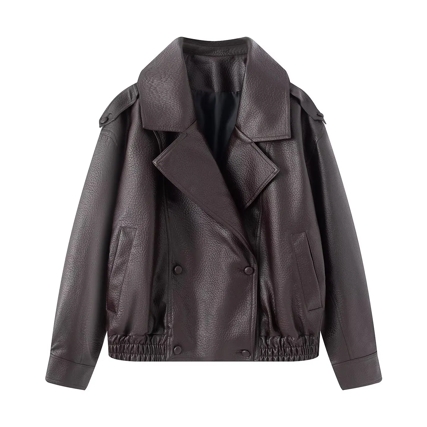 Casual Fashion Motorcycle Style Loose Fit Leather Jacket Women's Outerwear Large Collar Long Sleeve Windproof Ladies Coat