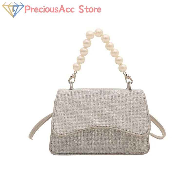Bolso bandolera plateado con purpurina, asa de perlas sintéticas, correa ajustable, bolso de hombro para fiestas, eventos nocturnos y compras para mujer