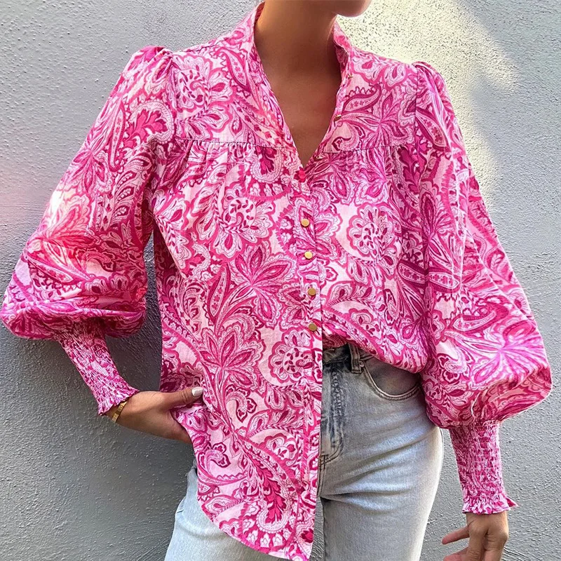 

2024 Autumn New Style Printed Temperament Women's Puff Sleeve Lapel Long Sleeve Top Shirt Blouse Camisas De Mujer