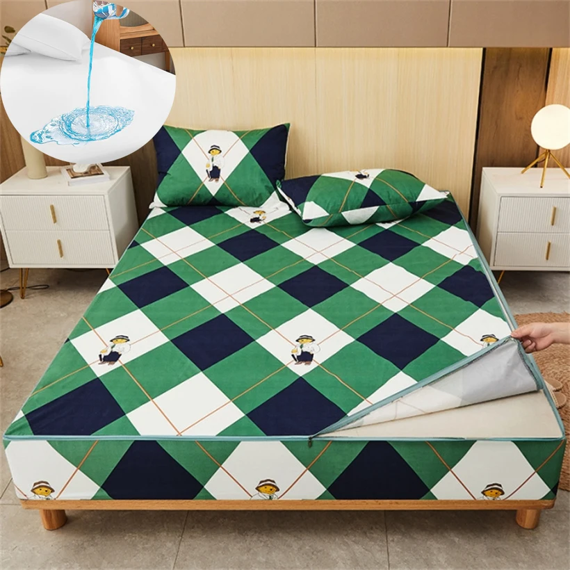 Fitted Sheet Waterproof Six-Sided With Zipper Mattress Cover Cartoon Printed Bed Cover Deep Pocket for 10/15/20/25cm Bedspreads