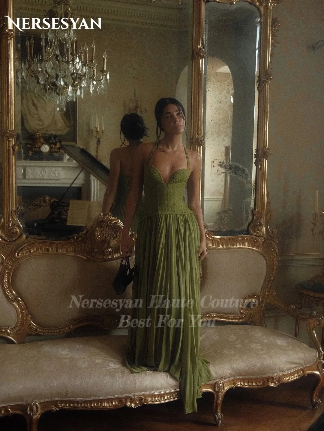 Nersesyan Sage Green Lace Prom Dresses off Shoulder Pleated Formal Evening Dresses Halter Appliques Women Party Gowns Customized