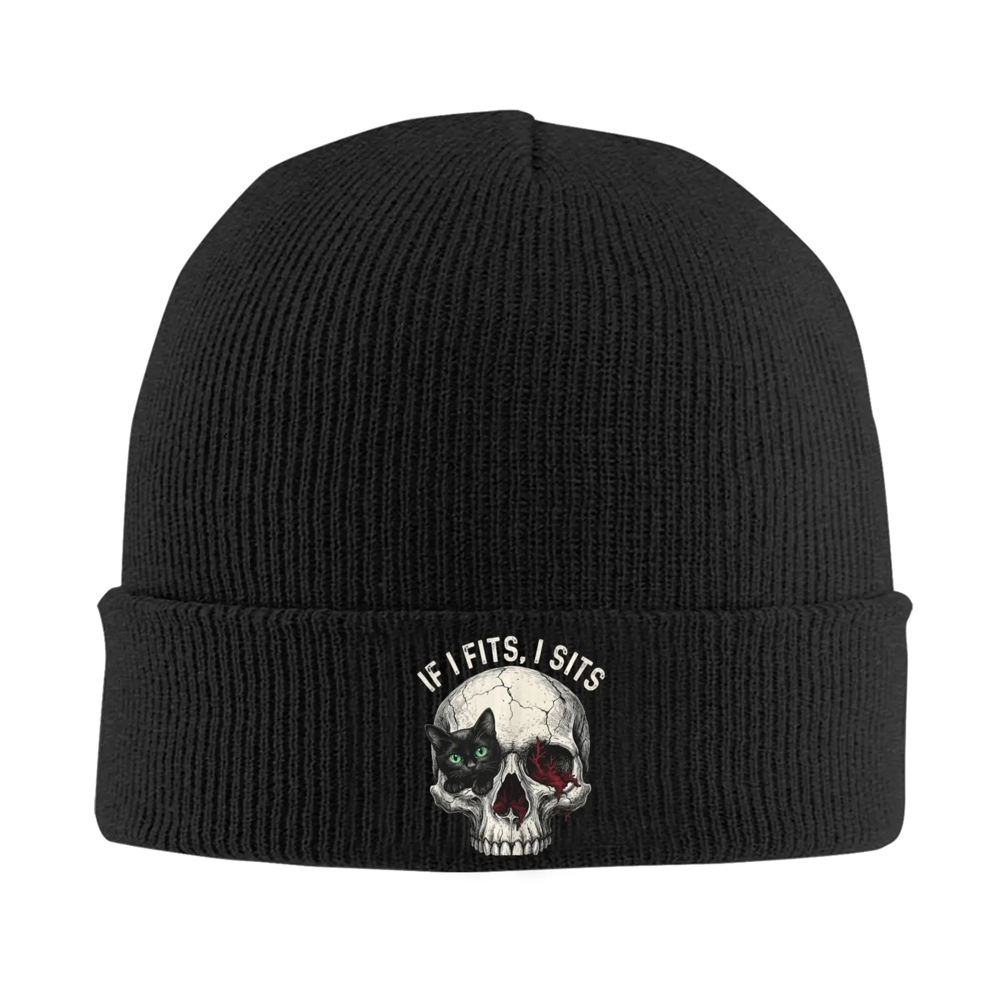 If I Fits I Sits Skull with cat    Gothic Halloween cat Knit Hat  Beanie Hats Kpop Warm Men Women Bonnet Hats Cute Caps Gift