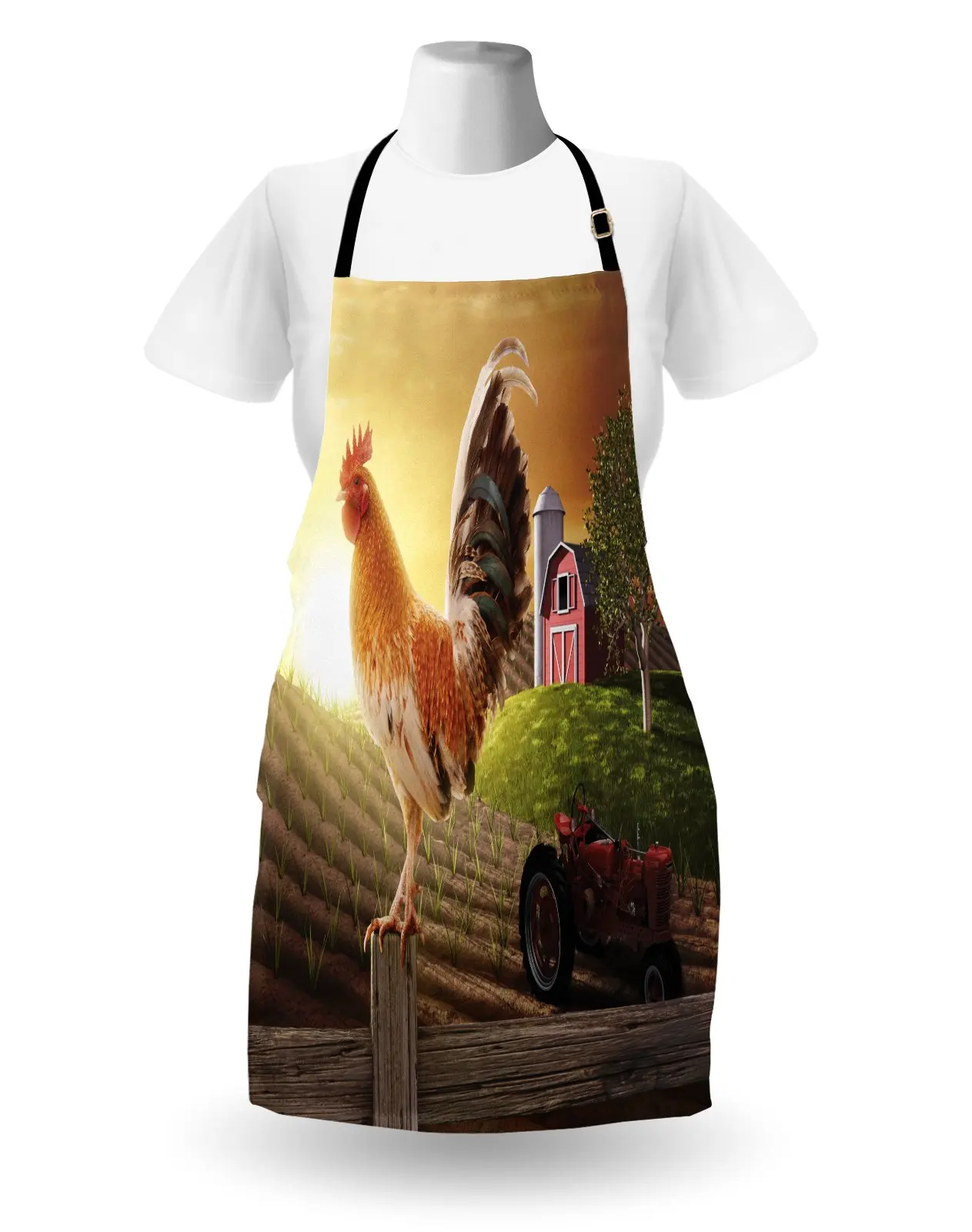 Farm Barn Yard Image Rooster Animal Early Bird Nature and Rising Sun Print, Unisex Kitchen Bib with Adjustable Neck