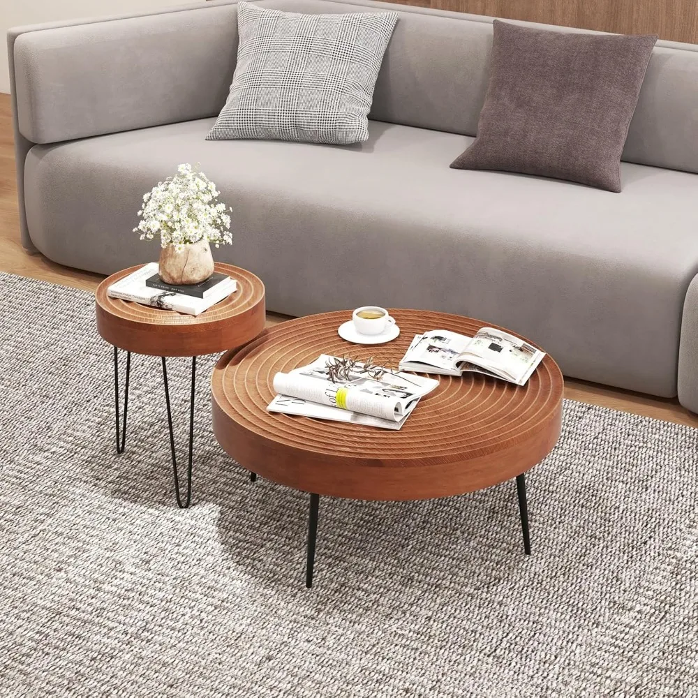 Conjunto de mesa de centro rústica estilo fazenda - 2 mesas laterais com estrutura de metal com acabamento em madeira e pés ajustáveis