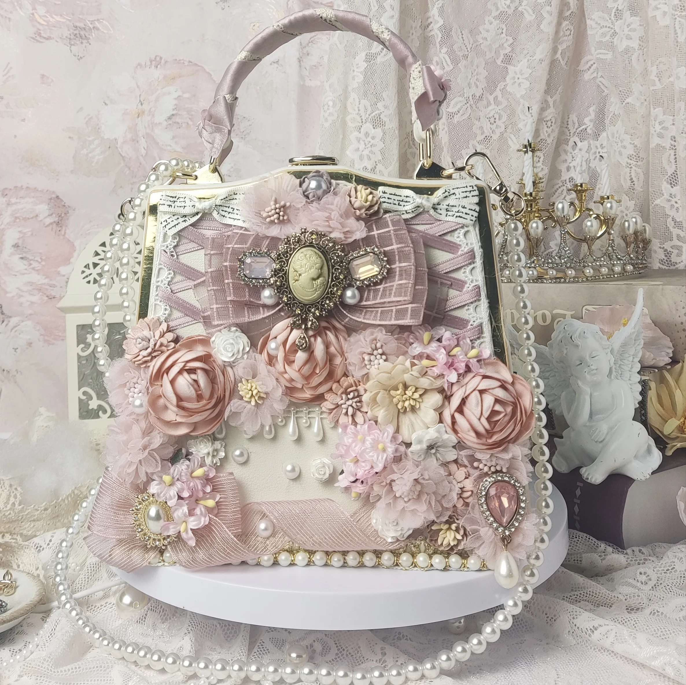 Women Girl Lolita Handbags Satchels Flowers Bowtie Imitation Pearl Shoulder Bag Crossbody Bags Luxury Lace Ribbon Pink Color