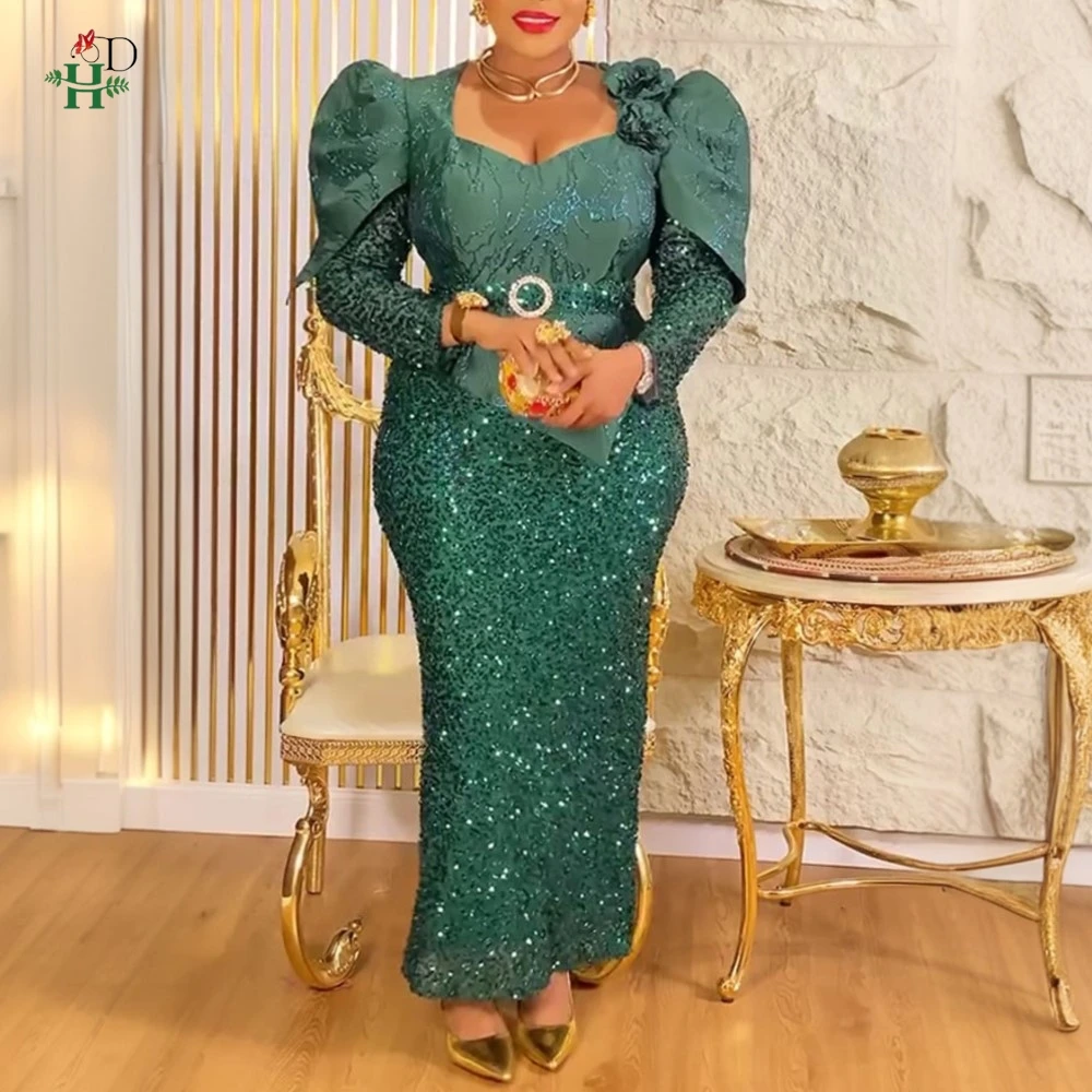 

H & D африканское женское платье больших размеров с пайетками и квадратным вырезом, пышное платье с плечами и длинными рукавами, пояс для свадебной вечеринки, Рождества