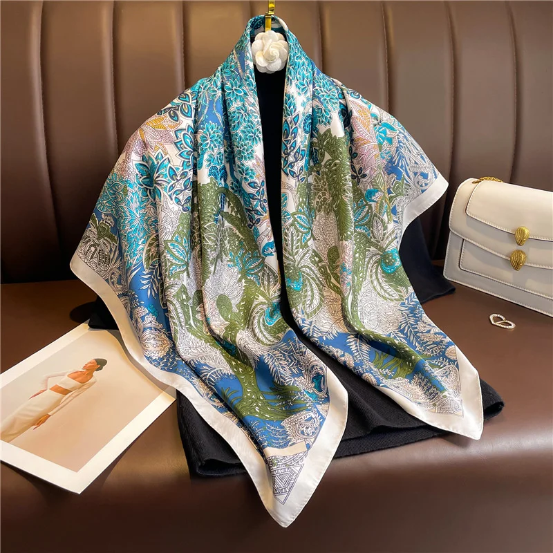 2024 Luxury Brand Flower Printed Silk Scarf For Women Large Square Scarves Twill Travel Sun Protection Warm Neck Shawl 90cm