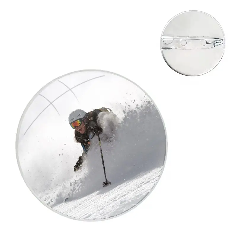 Skiing Snow Snowboard Skis Glass Dome Brooches Badge Pins For Clothes Hat Shirt Lapel Bag