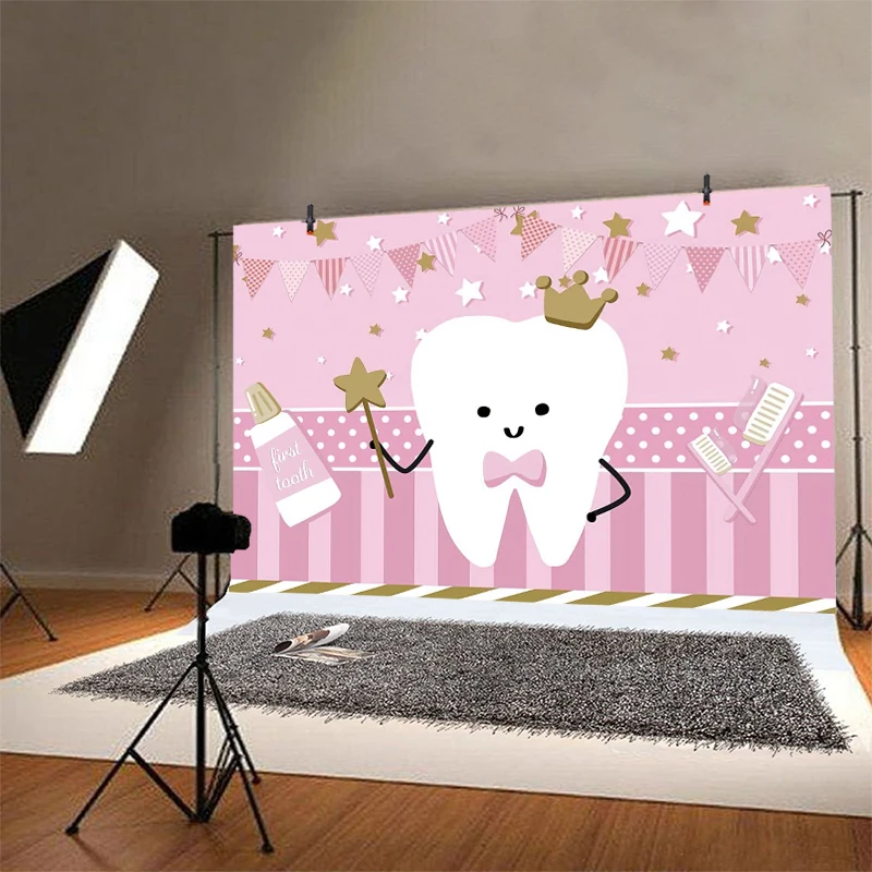 Pink First Tooth Photo Backdrop Baby Shower Newborn Boys Girls 1st Birthday Party Photography Background Cake Decor Banner