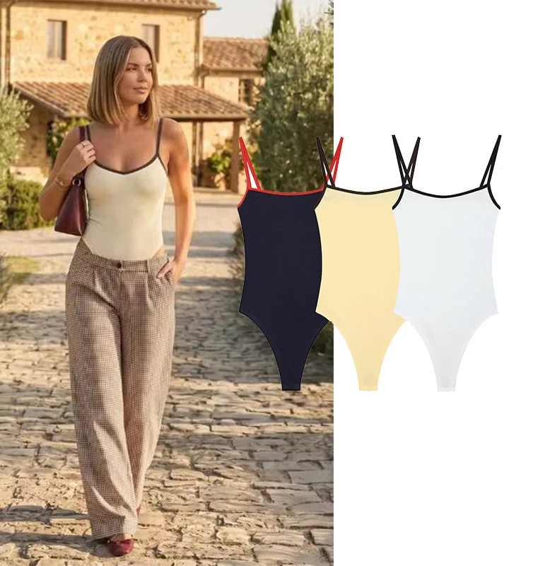 Body de mujer 2026 de verano sexy con cuello redondo, tirantes finos, bloques de color, sin espalda, mono ajustado, moda femenina, bodys de playa