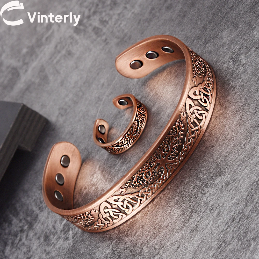 Magnetic Pure Copper Jewelry-Set Yggdrasil Adjustable Vintage Bracelet Ring Resizable Health Viking Jewelry Set for Women Men