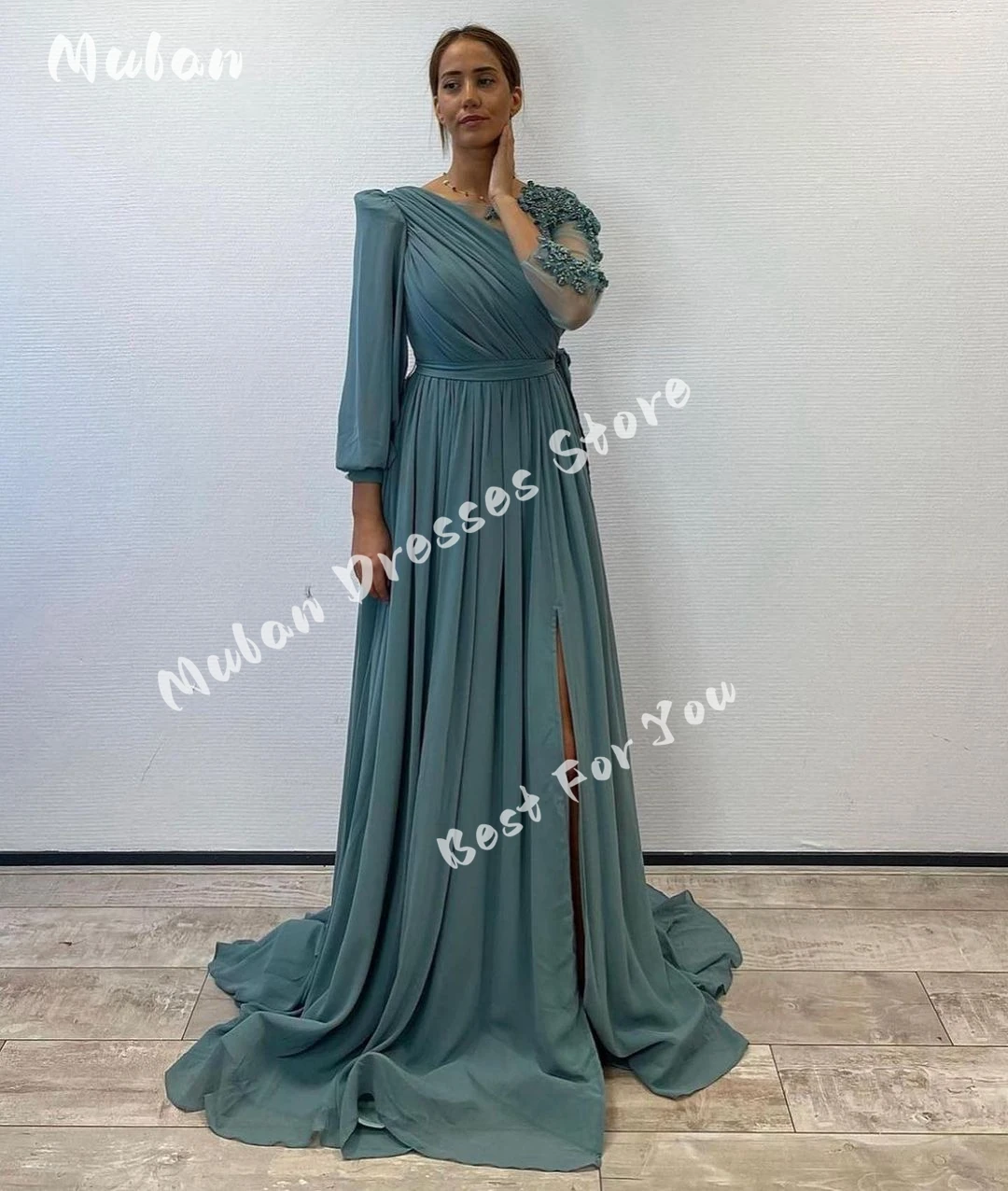 Beads Appliques Long Sleeves Prom Dresses Pleated A-line Elegant Evening Dresses 2024 Formal Wedding Party Gown Vestidos