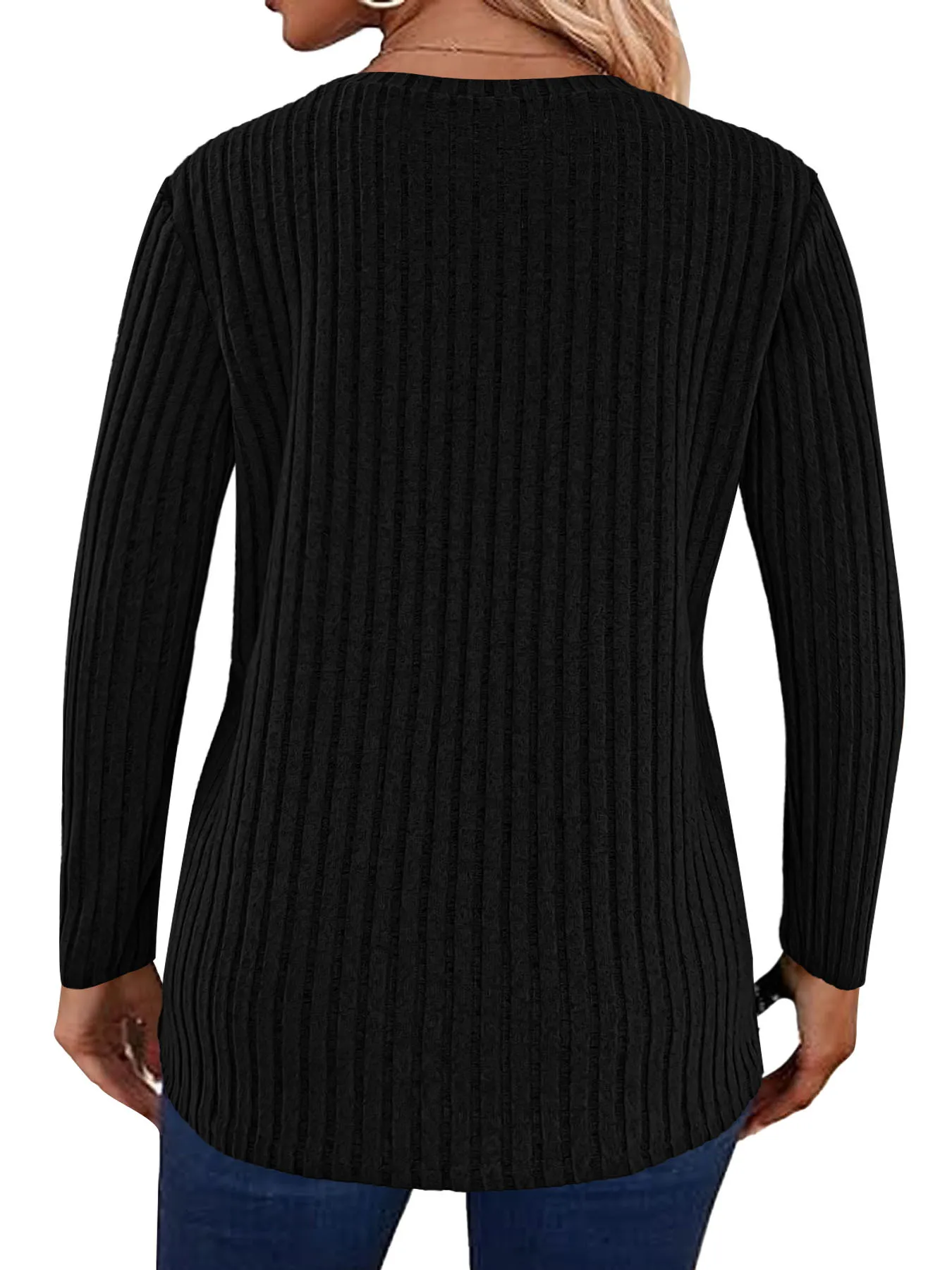 Spring and Autumn New Women's Button Splicing Solid Color Split Long Sleeve Knitted Round Neck Pit Strip T-shirt Top