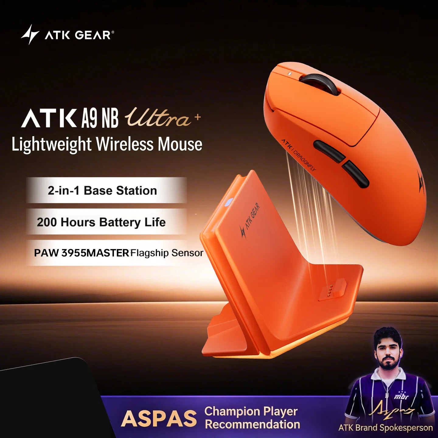 ATK Dragonfly A9 NB Ultra Plus 3Mode Wireless Gaming Mouse PAW3955Master 8K with 2-in-1 Charging Dock 800mAh Lightweight Esports