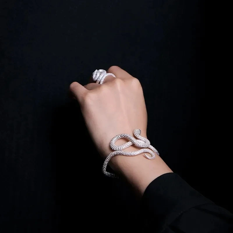 Gothic Eye-catching Design Silver Color White Snake Long High-end Bracelet, Niche Retro Snake Bracelet with Adjustable Opening