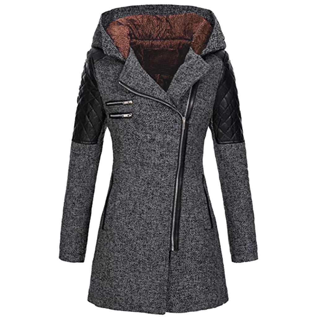 Women's Autumn And Winter Mid Length Hooded Loose Diagonal Zipper Woolen Trench Coat Composite Plush Cotton Jacket