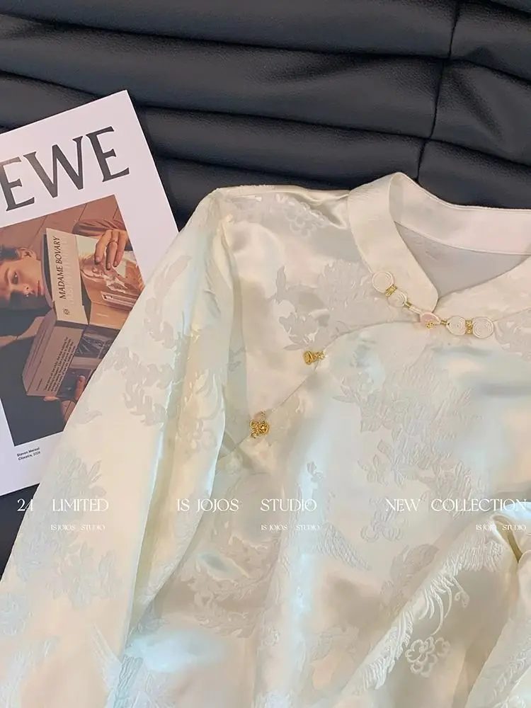 Satin Silk Jacquard Blouses Women Long Sleeve Retro Vintage Chinese Style Cheongsam Top Oversized