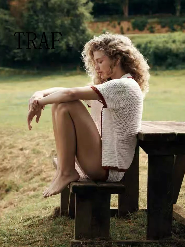 

TRAF European and American style women's summer new fashion casual simple POLO shirt knitted jacket shorts suit