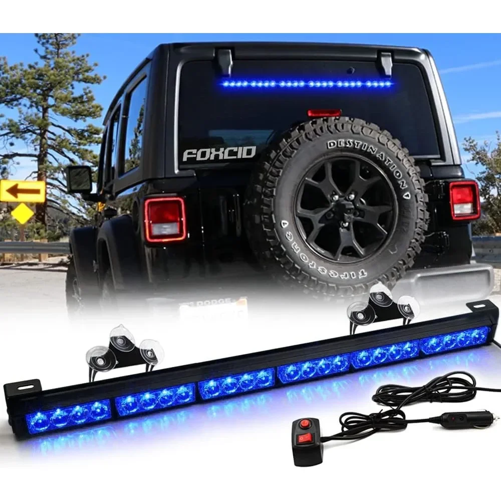 

24 светодиода синего цвета, 27 дюймов, 13 режимов, аварийное предупреждение, светодиодный стробоскоп для автомобиля, светодиодная стробоскопическая панель с большими присосками и сигаретой L