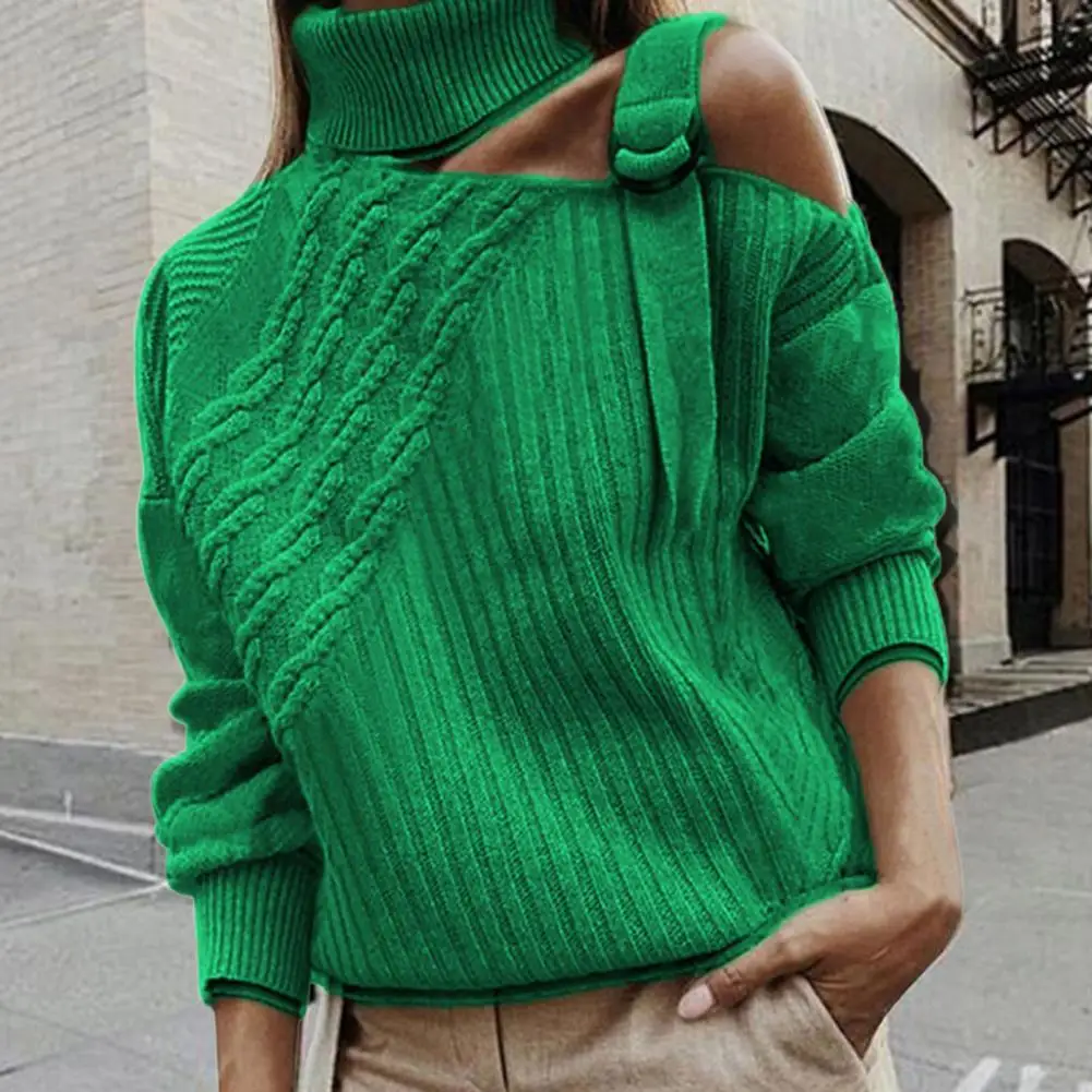 2022 New Adjustable Buckle Twist Decor Knitted Sweater Long Sleeve One Off Shoulder Turtleneck Pullover Sweater Female Clothing