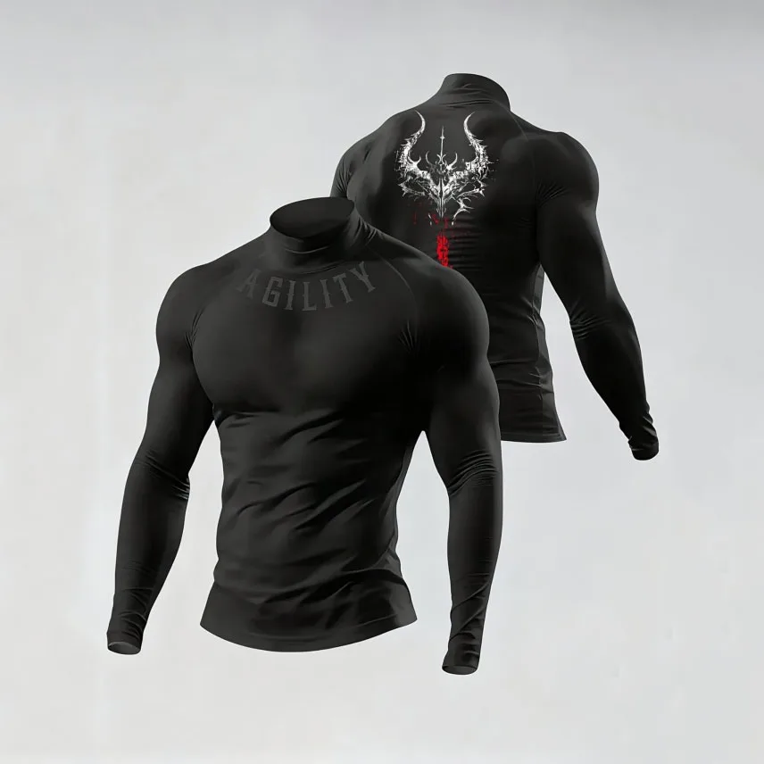 Dunkles Gothic-Sport-Kompressionsshirt mit Dämonen-Totem-Aufdruck, Stehkragen, für Männer, zum Gewichtheben und Laufen, Langarm-Sportbekleidung – Detail 6