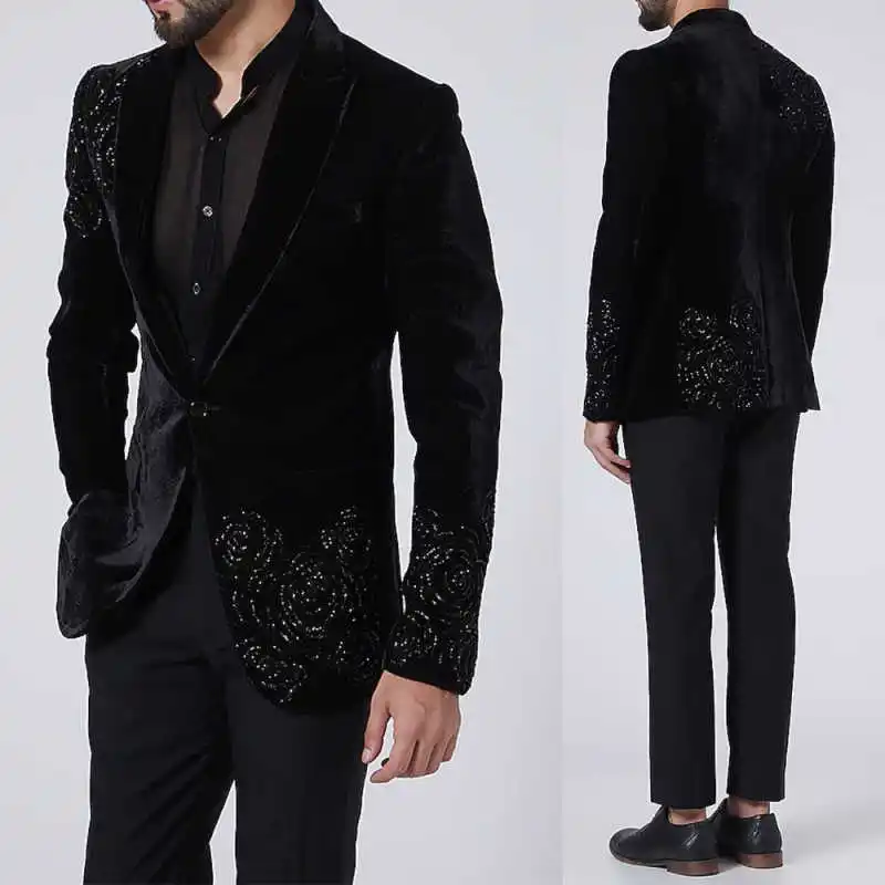 

Luxury Men Suit 2-Piece Blazer Single Breasted Jacket Crystals Beaded Slim Fit Wedding Tuxedo Groom Prom Customized