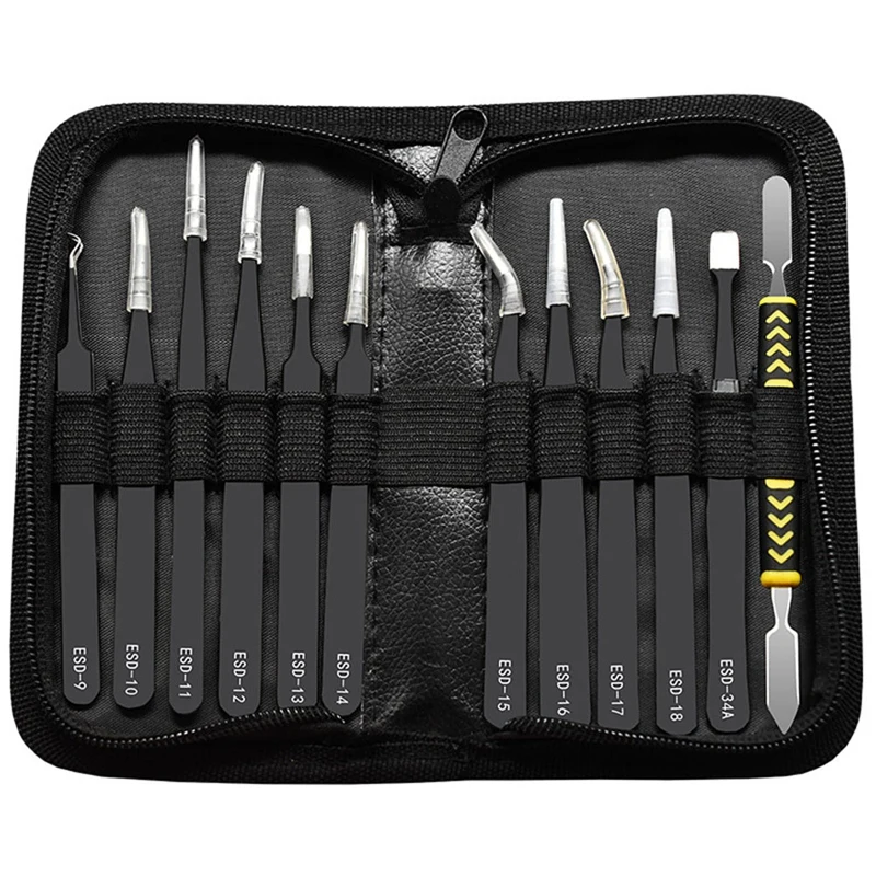 Anti-Static 12Pcs/Set Curved Straight Tweezers ESD Tweezers Stainless Steel Industrial Repair Tools