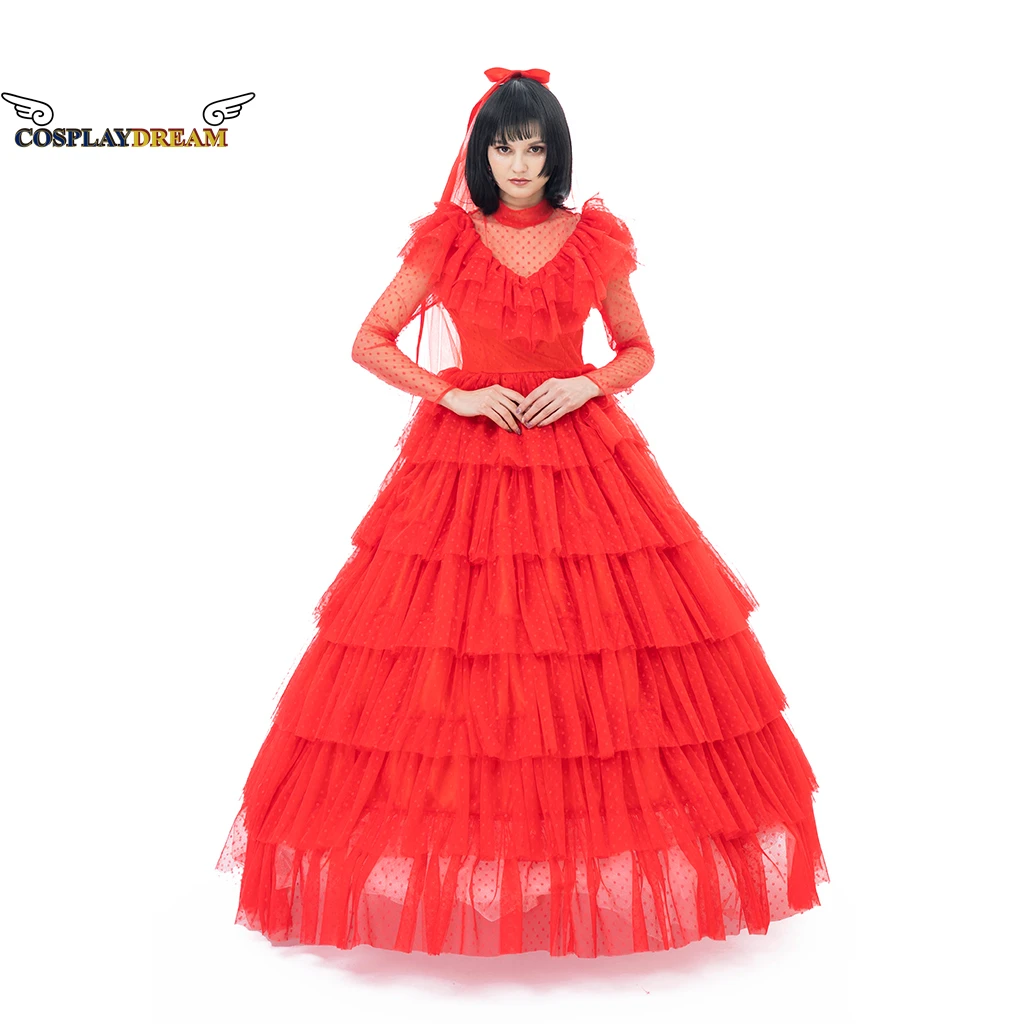 Lydia Deetz Cosplay Costume Lydia Deetz Gothic Red Wedding Dress Costume for Halloween with Headdress