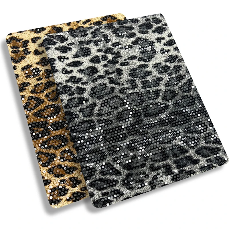 

91cmx130cm Knitted Leopard Print Transparent Sequin Fabric Stretch Clear Embroidered Material for Stage Performance Costumes DIY
