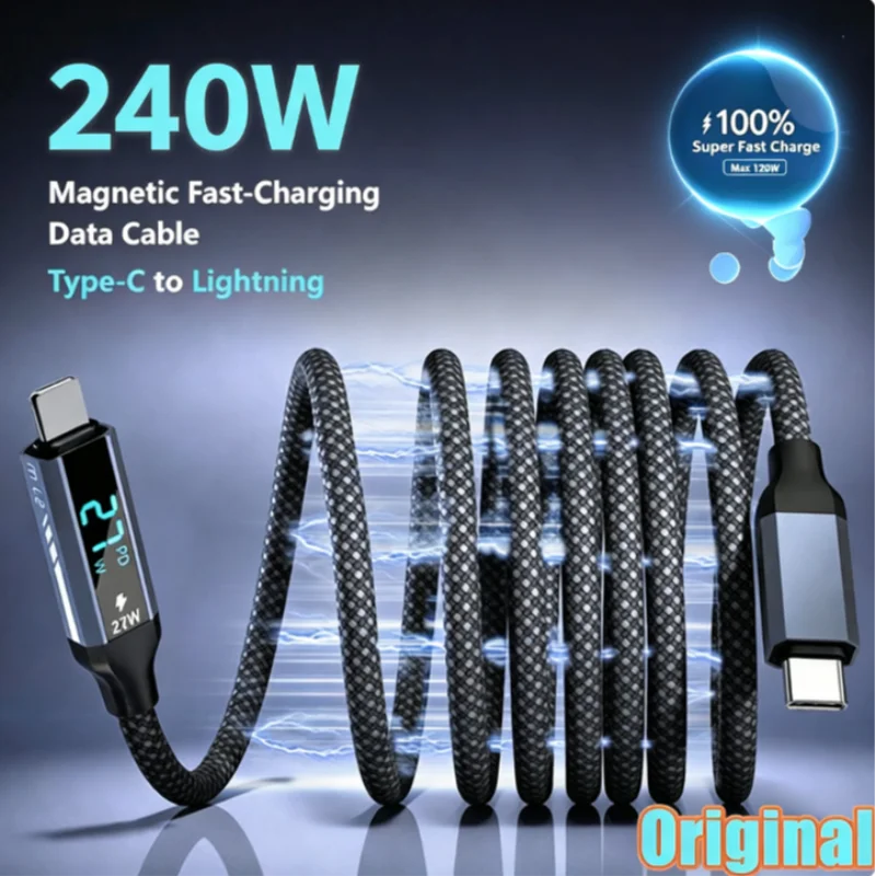 Magnetic 240W Digital Display Fast Charging Cable Dual Type‑C Charging Cord for iPhone 15 16 17 Pro Max Xiaomi Samsung Huawei