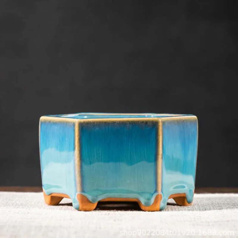 Modern Style Blue Glazed Porcelain Succulent Plant Pot Flowerpot With A Hole Ceramic Crafts Home Garden Decor