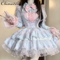 Lolita Style Blue Pink Dopamine Sweet Cute Lace Short Stitching Dress Summer New Girly Style High Waist Princess Lady Dress