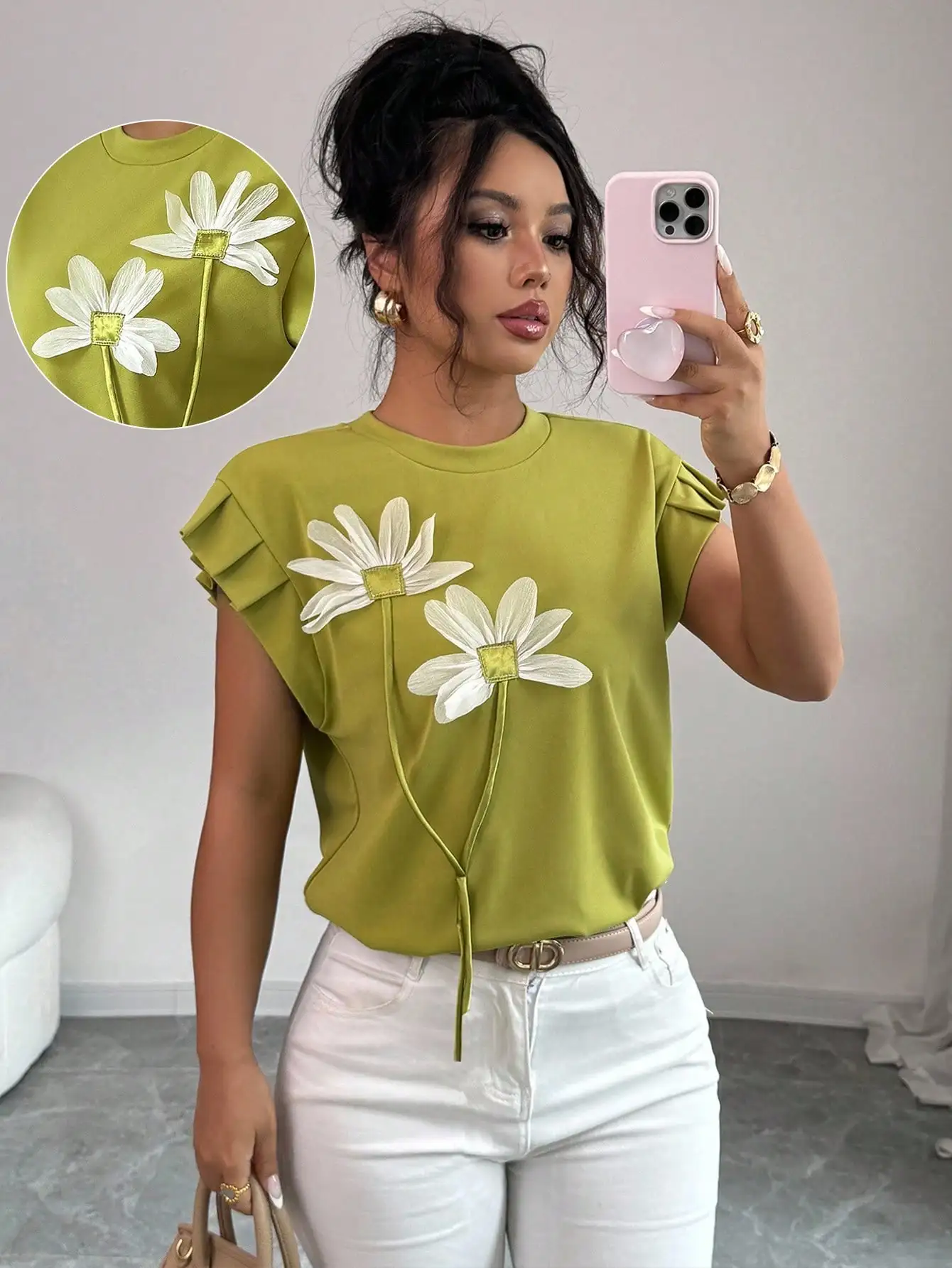 

Olive Green Women's Short Sleeve Top with 3D Daisy Appliqué and Ruffle Shoulders
