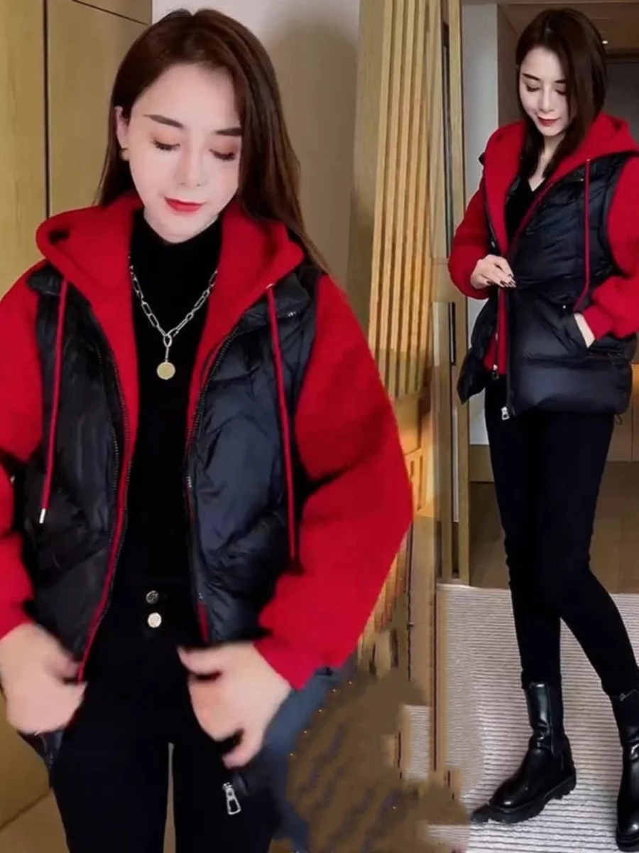 

Модная женская зимняя утепленная куртка с капюшоном на молнии, укороченная, с цветными блоками, популярный тренд