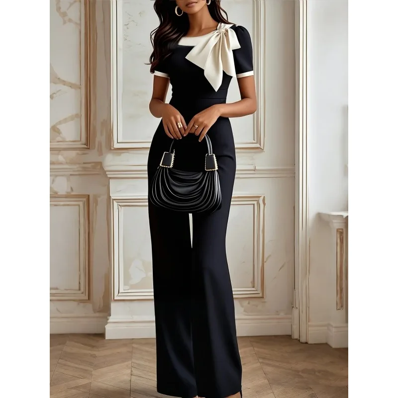 

Tinaa 2026 Женский комбинезон в стиле Хепберн Черный комбинезон с широкими штанинами и воротником-бабочкой Элегантная офисная рабочая одежда Длинные комбинезоны 197848