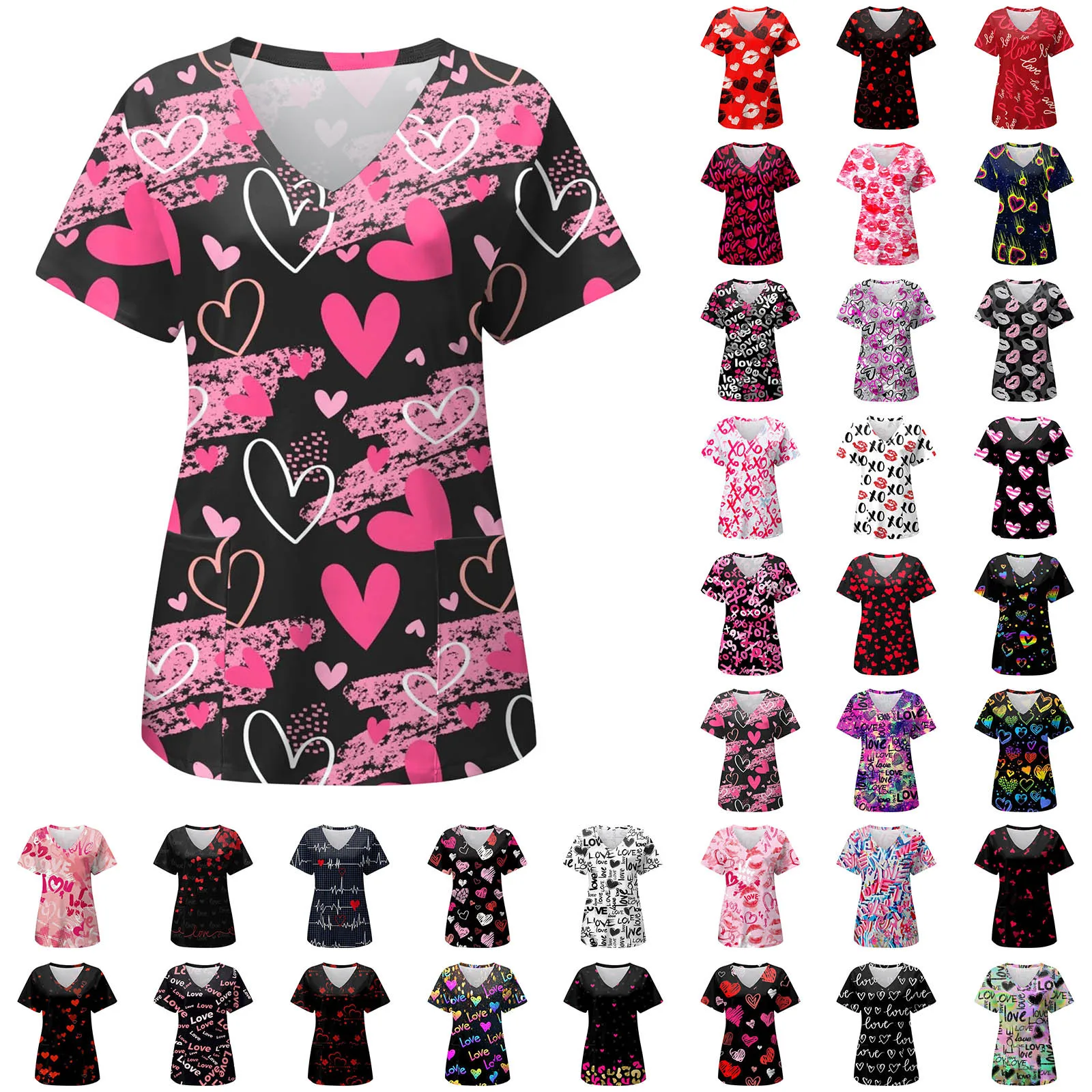 Valentine'S Day Cross Print Nursing Scrubs Womens Pink Medical Blouses Medical Hospital Doctor Scrubs Female Healthcare Tees