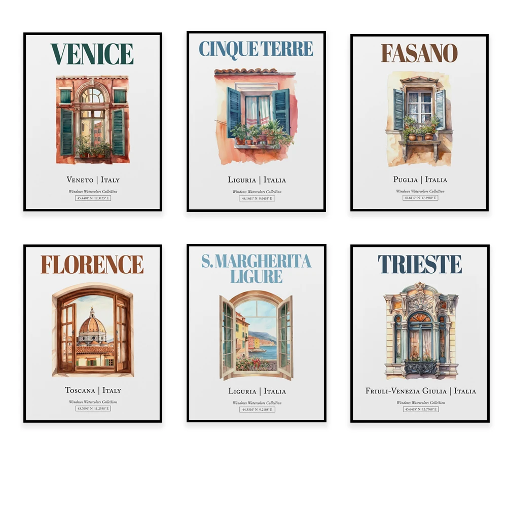 Itália Cinque Terre, Trieste, Amalfi, Genoa, Veneza, Matera, Bolonha pôster de viagem com janela tradicional pintura em aquarela