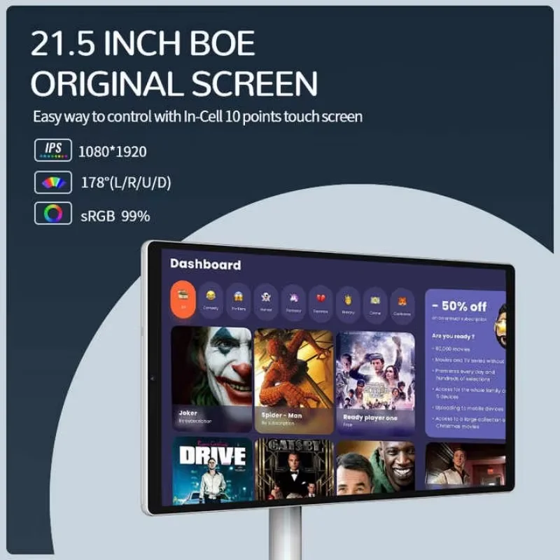 21.5 인치 안드로이드 태블릿 컴퓨터 Hd 디스플레이 플로어 스탠딩 디스플레이 터미널 8Mp 카메라 회전 터치 올인원 기계