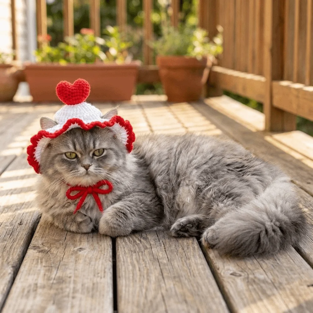 Soft Cat Knitted Hat Heart-shaped Revealing Ears Cat Cosplay Headwear Adjustable Ties Handmade Crochet Cat Hat Style Accessory