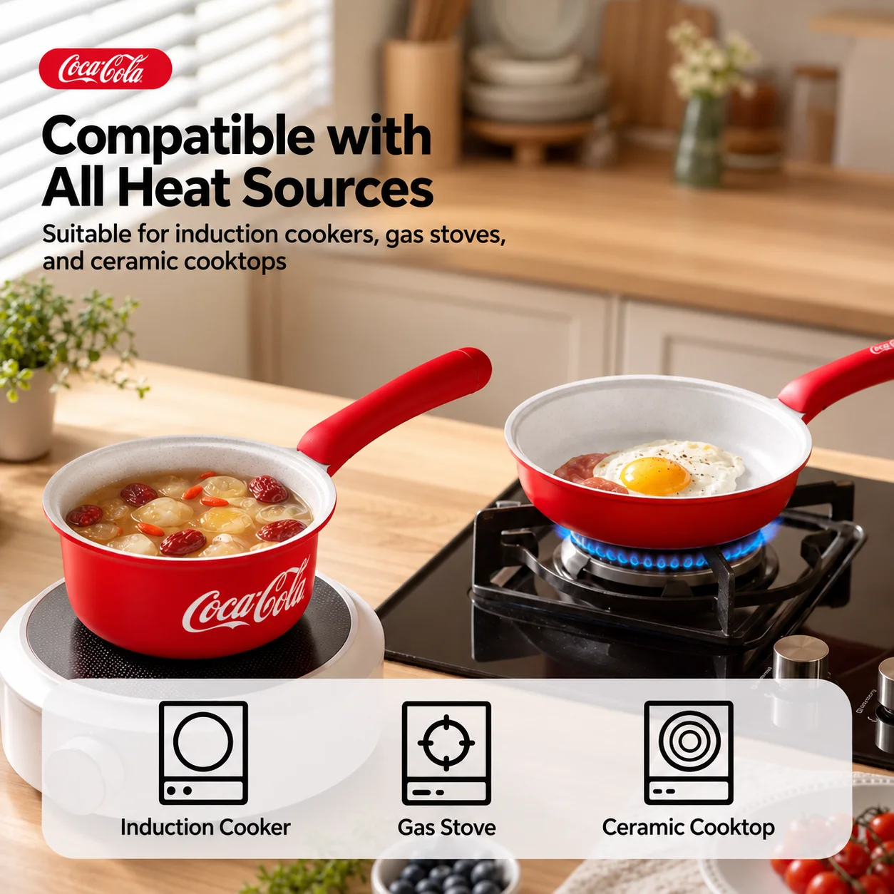 Coca Cola 18cm Nonstick Cookware Set 3PCS Saucepan Frying Pan Steamer Small Kitchen Pot Set for Induction Gas Ceramic Cooktop