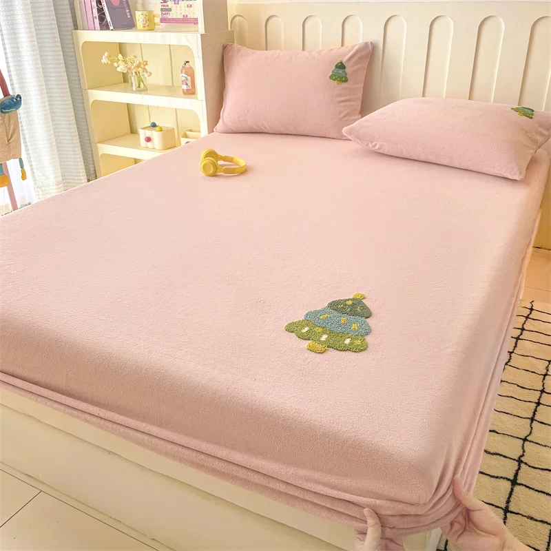 Milk Pile Bed Hat 2024 New Class A Towel Embroidered Bed Cover Thickened Warm Mattress Cover in Autumn and Winter 90x200 120x200