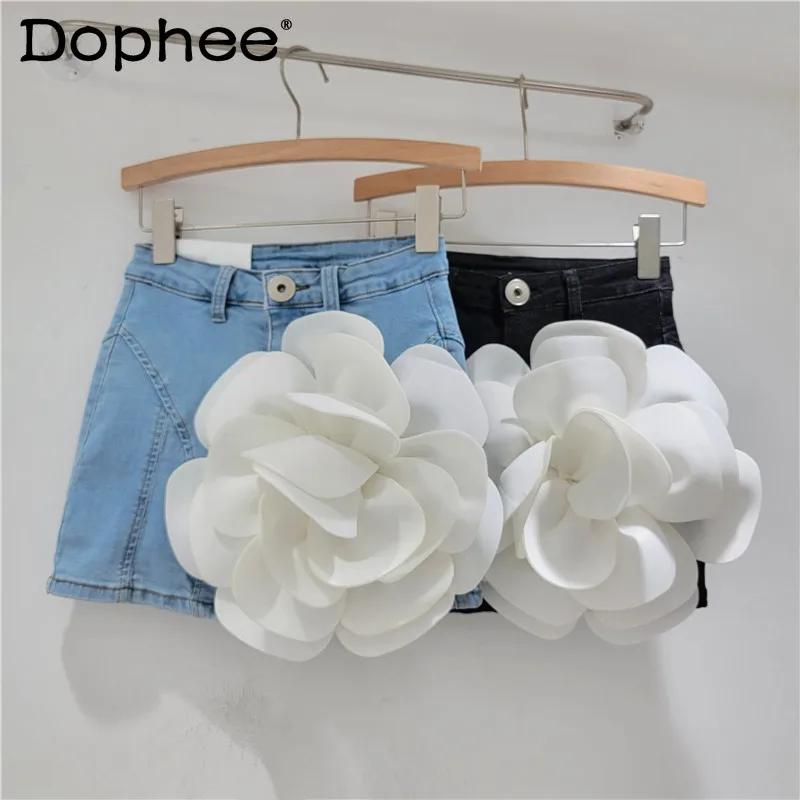 Fashionable Mini Skirt 3D Large Flower Denim Short Skirt for Women Spring Summer 2024 Loose Fitting Hip Wrap Skirt Black Skirts