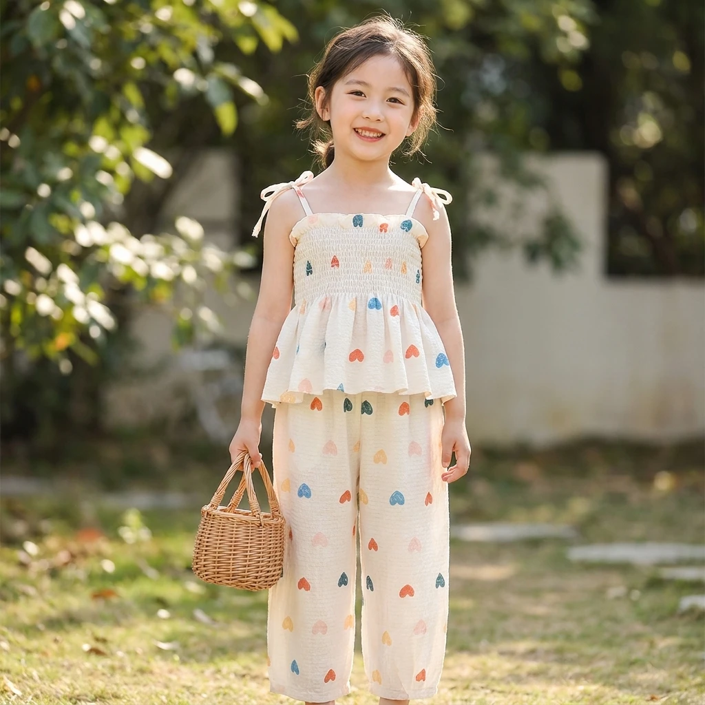 

Korean version Sweet and Cute 3-7 Year Old Girl Casual Set Color Love Printed Folded Strap Top+Wide Leg Pants Summer