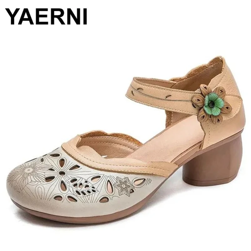 

Новые женские сандалии, летние сандалии из натуральной кожи на толстом каблуке, повседневная обувь для мам на высоком каблуке в стиле ретро с круглым носком