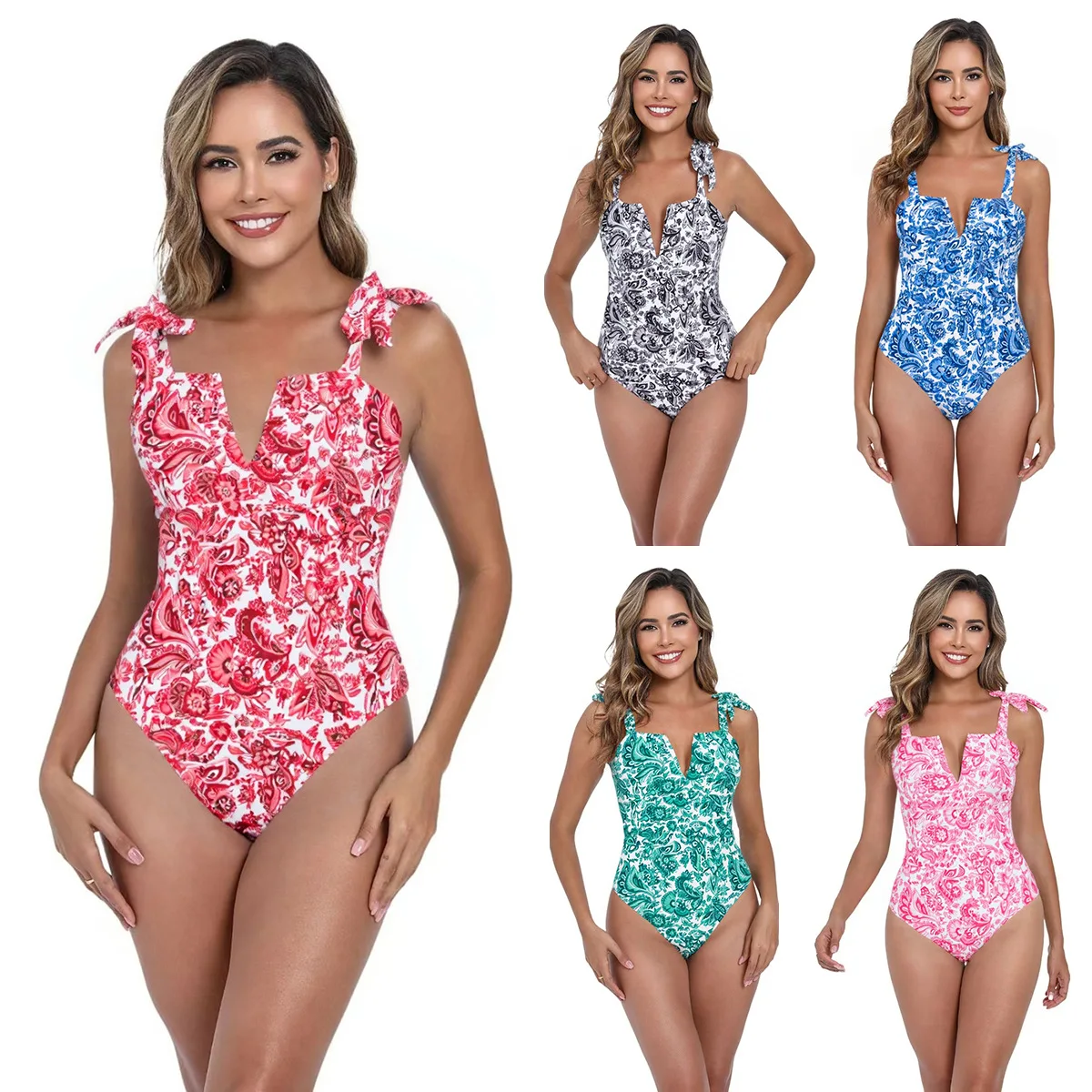 

Women V Neck Floral Print One Piece Swimsuit Bathing Suit Sexy Beach Summer Wear