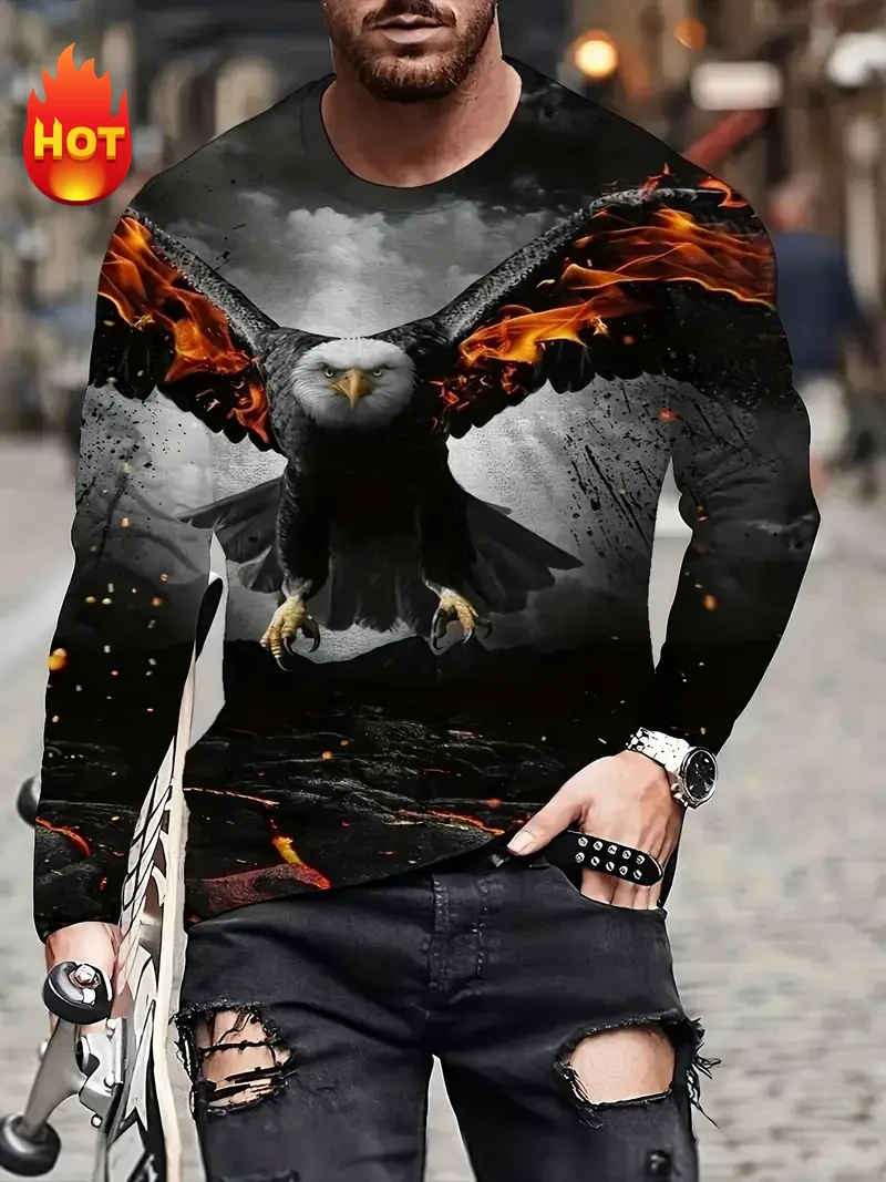 New Eagle Graphic 3D Print Men T-shirts Casual Trendy Hip Pop Long Sleeve T Shirt Animal Pattern Men Designer Clothes Men Tops