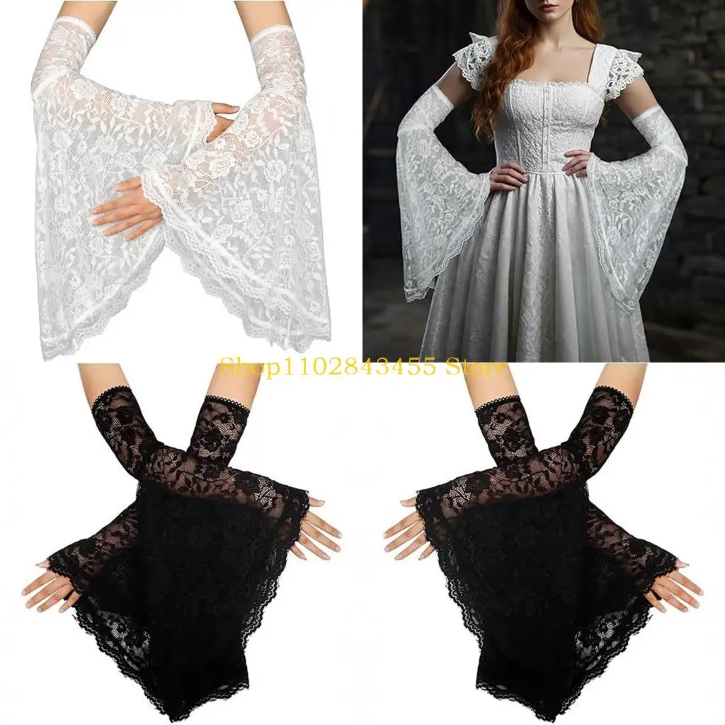 

49MC Comfortable Punk Gloves Lace Arm Sleeves with Flared Cuffs for Witch Costume