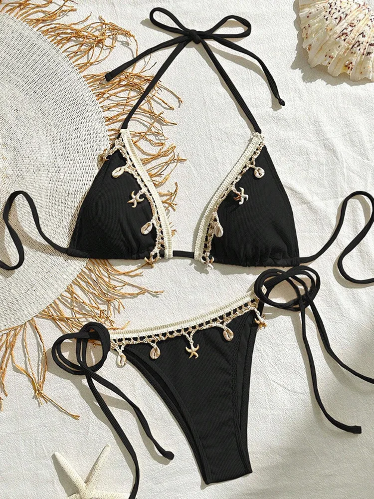 Summer Solid Color Strap Halter Neck Micro Bikini Sets Two Piece Thongs Swimsuit Adjustable Tie-Front Holiday String Bikiniler